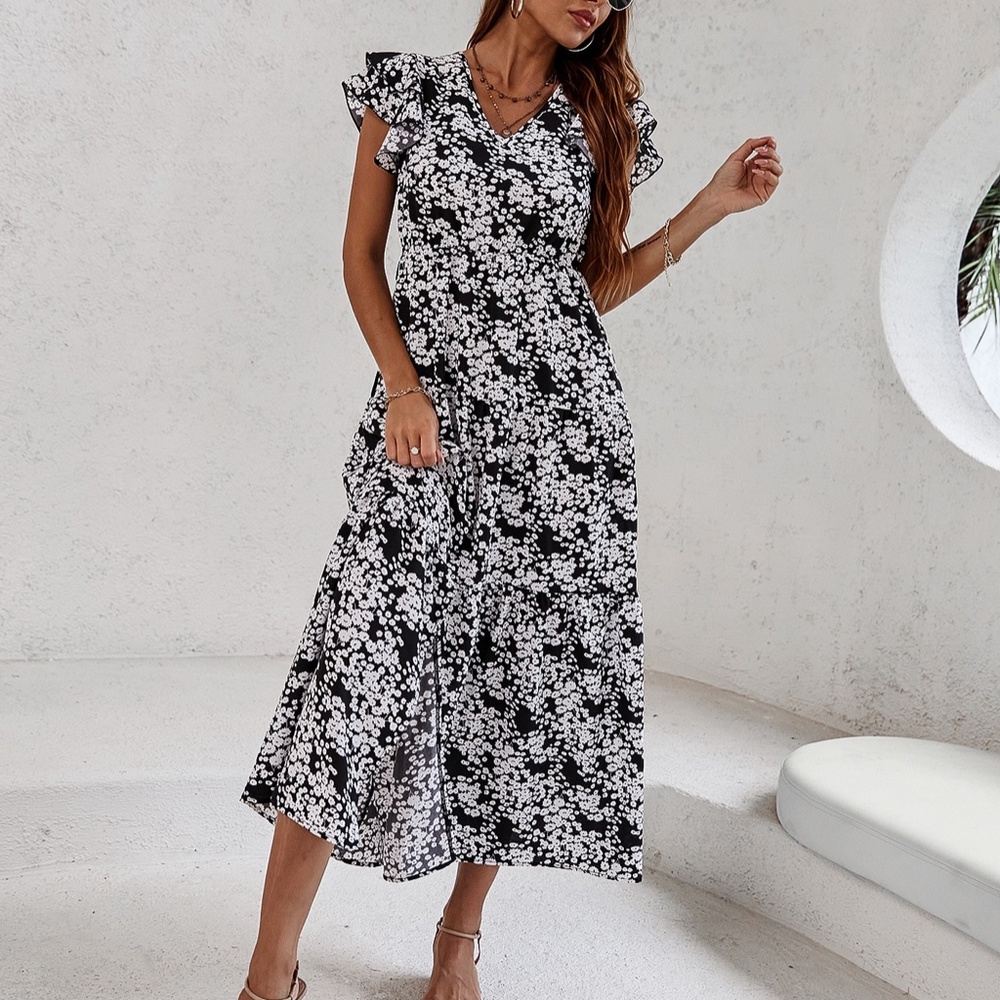 Boho Floral Butterfly Sleeve Dress V neck Blue 90s - Picture 6 of 14